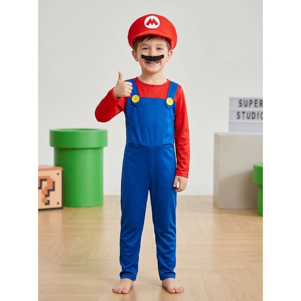 Super Mario Bros Costume Kids Boys Red Blue Jumpsuit with Hat Size Medium